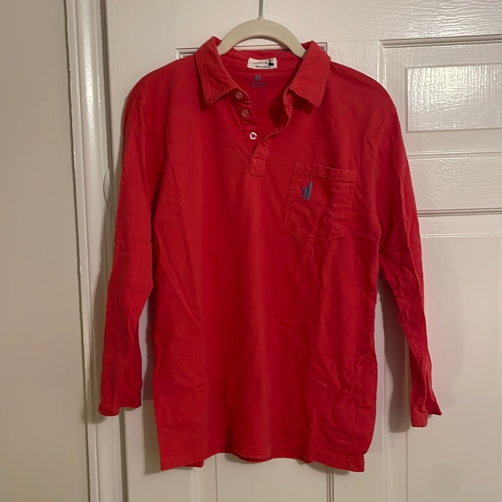red boys Johnnie-O long sleeve polo shirt with blue logo
